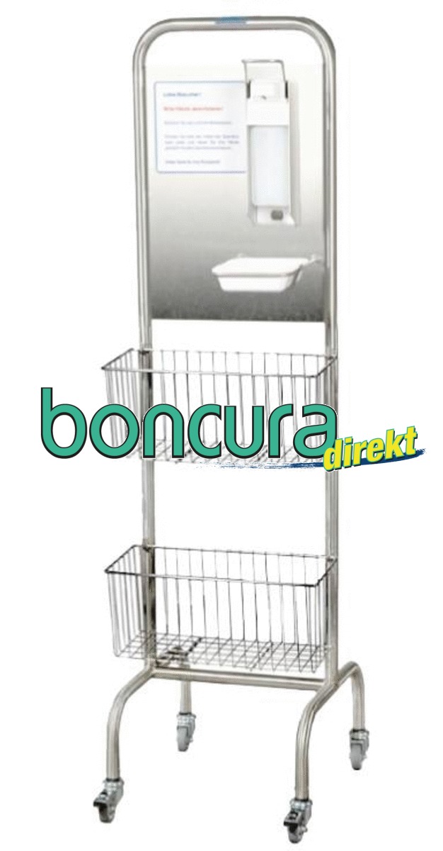 Desinfektionsinsel "Desi", Rahmen: Edelstahl Fahrbar, inkl. Desinfektionsmittelspender & Schale