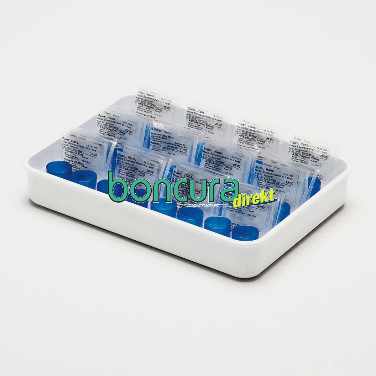 Medikamententablett 12 T + 24 B-35 mit 12 Fächern für Blister u. 24 Tropfenbecher