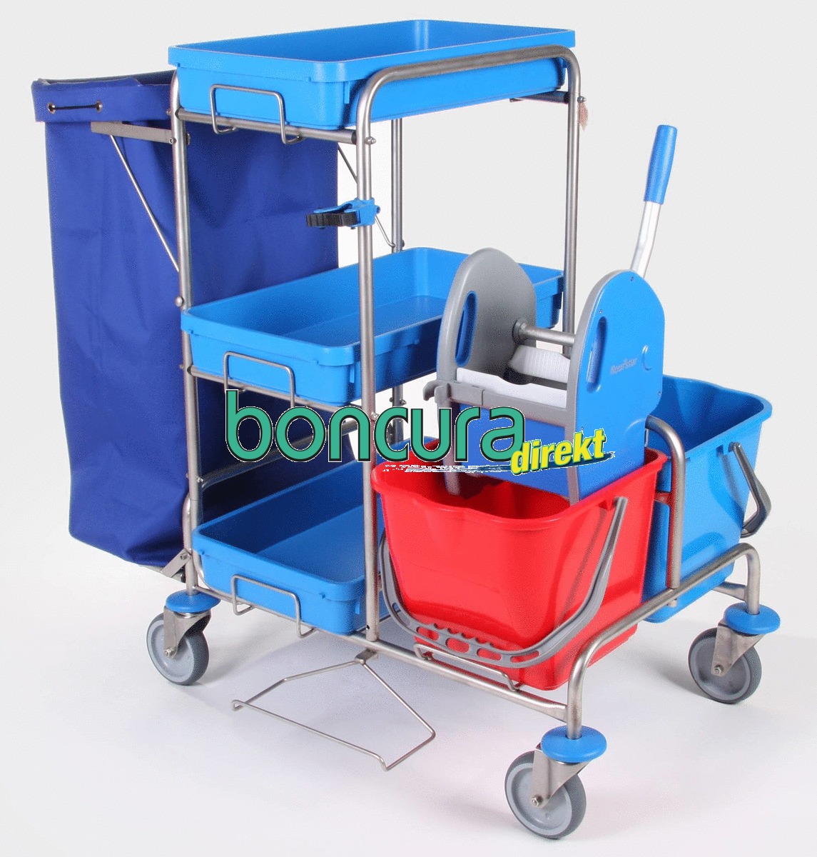 Reinigungswagen aus Edelstahl mit 3 Schalen und 4 Eimern (2 x groß und 2 x klein
